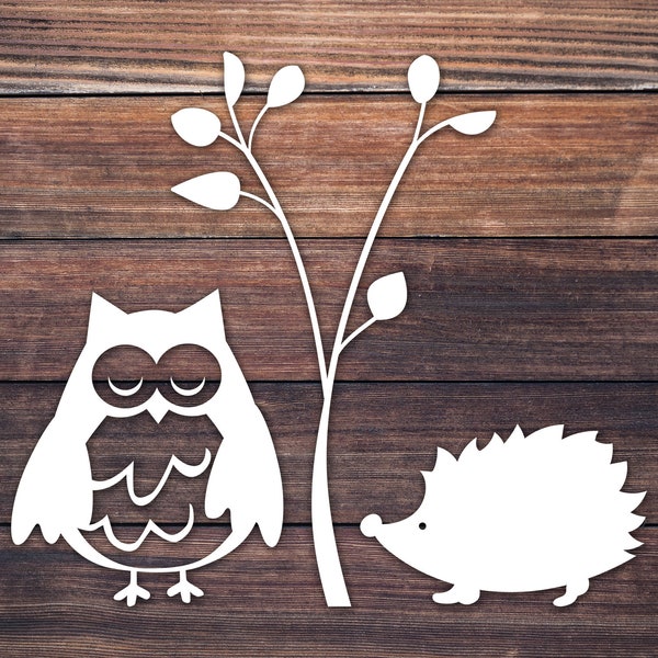 Owl and Hedgehog Decal / Owl Tree Sticker / Woodland Hedgehog Forest Vinyl / Playroom Nursery Wall Decal / Rambler Macbook Window Cup Decal