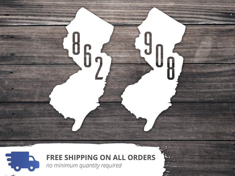 May include: Two white outlines of the state of New Jersey with the area codes 862 and 908 printed inside.