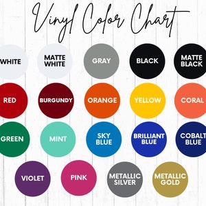 May include: Vinyl colour chart with 20 colour swatches in various shades of white, red, green, blue, purple, orange, yellow, black, grey, brown, and pink. The chart includes matte and metallic finishes.