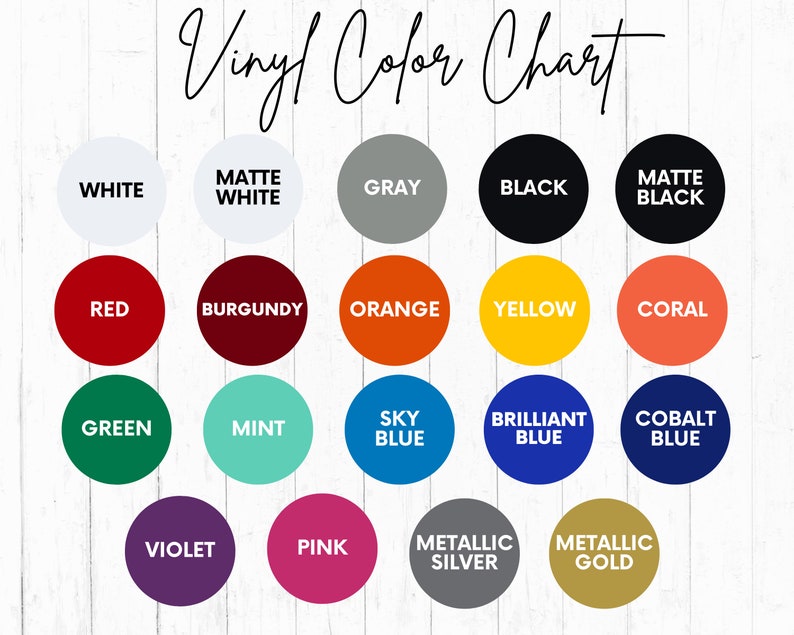May include: Vinyl colour chart with 20 colour swatches in various shades of white, red, green, blue, purple, orange, yellow, black, grey, brown, and pink. The chart includes matte and metallic finishes.