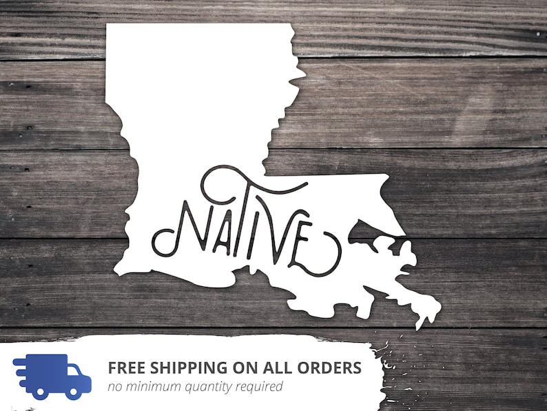 May include: White silhouette of the state of Louisiana with the word "NATIVE" written in a stylized font inside the state outline. The image is on a woodgrain background.
