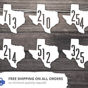 May include: Six white Texas-shaped outlines with different three-digit numbers inside. The numbers are 713, 210, 254, 214, 512, and 325.