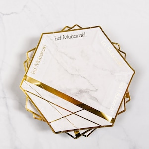 Hexagon Marble &#39;Eid Mubarak&#39; Dinner Paper Plates (Set of 12)