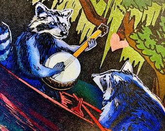 May include: Two raccoons in a canoe, one playing a banjo with a white and blue design. The canoe is red and black with a green and blue background.