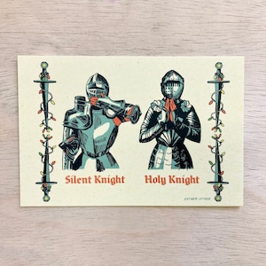 Pocztówka Rycerzy Bożego Narodzenia 4x6 | Retro świąteczne pozdrowienia | Zabawna sztuka świąteczna