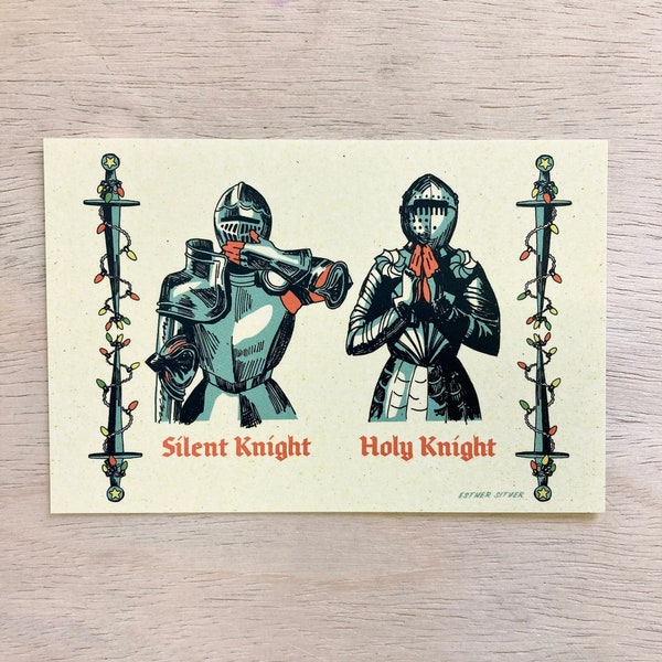 Christmas Knights 4x6 Postcard | Retro Holiday Greeting | Funny Christmas Art