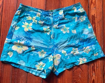 Blue Hawaii 90s Y2K Shorts Catalina hibiscus Hawaiian print midnight sun zip up swim shorts with pockets