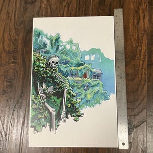 May include: A watercolor painting of a skeleton sitting in a lush green forest. The skeleton is wearing a white skull and has a long, thin body. The forest is filled with trees and plants, and the background is a light blue sky.