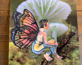 Nude Female Fairy with Mushrooms, Watercolor Figure Drawing Collage Art, Pinup Illustration, whimsigoth witchy hippie Figurative Art