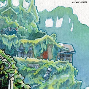 May include: A watercolor painting of a house overgrown with green vines and foliage. A skeleton is hanging from the vines. The text "ESTHER SITVER" is in the upper right corner of the image.