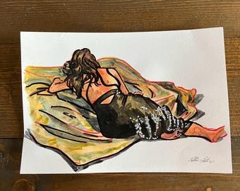 Seated Woman in Black Sparkly Gown Sketch, Figure Painting Watercolor, Fashion Illustration, Figurative Art, Original Wall Art