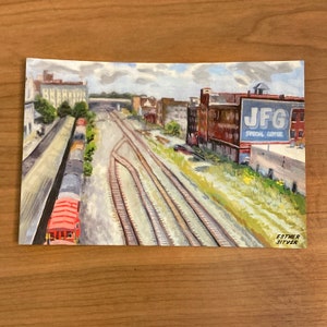 Trilhos de estrada ferroviária cartão postal 4x6 impressão, knoxville tennessee, guache plein ar pintura paisagem urbana mini impressão, presente de natal do sul