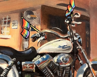 Gay Motorcycle at Motel Embellished Oil Painting Print in Letterpress Mat, Dykes on Bikes, Leather Daddy Subtle Gay Art Home Decor
