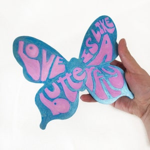 Blue Love is Like a Butterfly Wood Panel Typography Painting, Hand Lettering Country Music Illustration Wall Art, Butterfly Gift