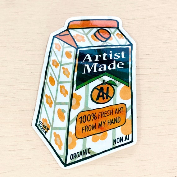 Artist Made Anti-AI Orange Juice Sticker | Waterproof Vinyl Human Artist Sticker for Water bottles and Laptops