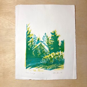 Cabin in the Forest Monotype | Woodland Decor Smoky Mountains Printmaking Gift