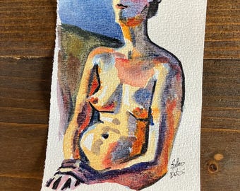 Seated Female Nude Torso Figure Painting Watercolor, Miniature Painting Pinup Illustration, Figurative Art, Original Wall Art