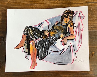 Woman Reclining in Cocktail Dress Fashion Illustration, Figure Painting, Watercolor, Figurative Art, Original Wall Art