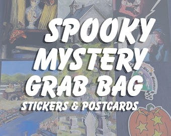 Spooky Mystery Grab Bag of Stickers and Postcards, Halloween Stocking Stuffer Goth Christmas Gift