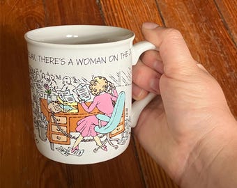 Vintage “relax there’s a woman on the job” funny feminist mug 1980s 8oz coffee cup office present