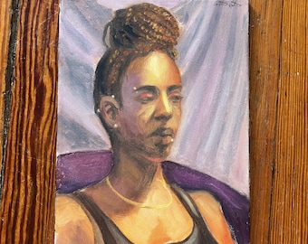 Female Portrait with Braids Background Oil Painting on Stretched Canvas, Black Woman Portrait Figurative Art, Original Wall Art