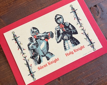 Christmas Knights 5x7 Folding Greeting Card with Envelope | Retro Holiday Greeting | Funny Christmas Art