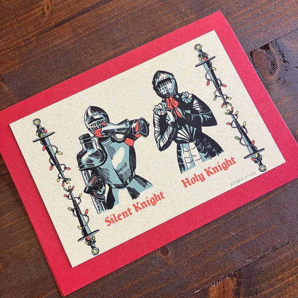 Christmas Knights 5x7 Folding Greeting Card with Envelope | Retro Holiday Greeting | Funny Christmas Art
