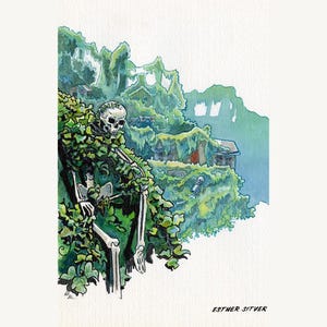 May include: A watercolor painting of a skeleton sitting in a lush green forest. The skeleton is wearing a skull mask and is surrounded by vines and leaves. The background is a blue sky with clouds.