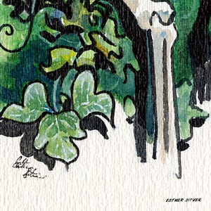May include: Watercolor painting of a skeletal hand reaching out from a green leafy background. The artist's signature, "Esther Sitver", is visible in the bottom right corner.