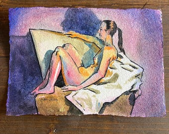 Seated Female Nude Watercolor Portrait with Purple Vignette, Miniature Painting Pinup Illustration, Figurative Art, Original Wall Art