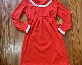Vintage 1970s red mini dress with lace trim, Edwardian revival upcycled fashion with empire waist, scoop neck, long sleeves, back zip