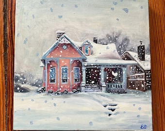 Pink Victorian House in Snow 12x12 Oil Painting | cityscape landscape painting| cozy wintertime cottagecore art | architectural painting