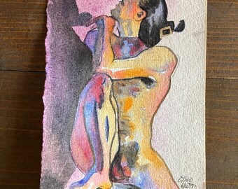 Muscular Male Nude Figure Painting Watercolor, Painting Pinup Illustration, Figurative Art, Original Wall Art