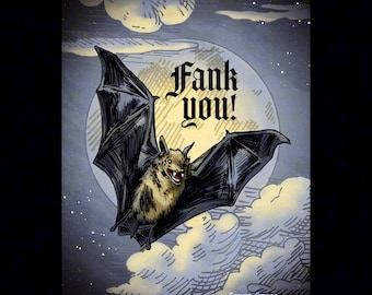 PREORDER Fank You Bat 4x6 Postcard | Thank You Card Funny Halloween Print, Spooky Victorian Art Little Brown Bat with Fangs