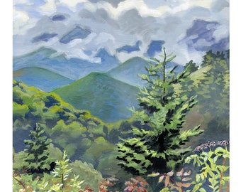 Puede incluir: Una pintura de un paisaje de montaña con un cielo azul y nubes blancas. Las montañas son verdes y están cubiertas de árboles. Hay un gran pino en primer plano. La pintura está firmada "Esther Sitver" en la esquina inferior derecha.