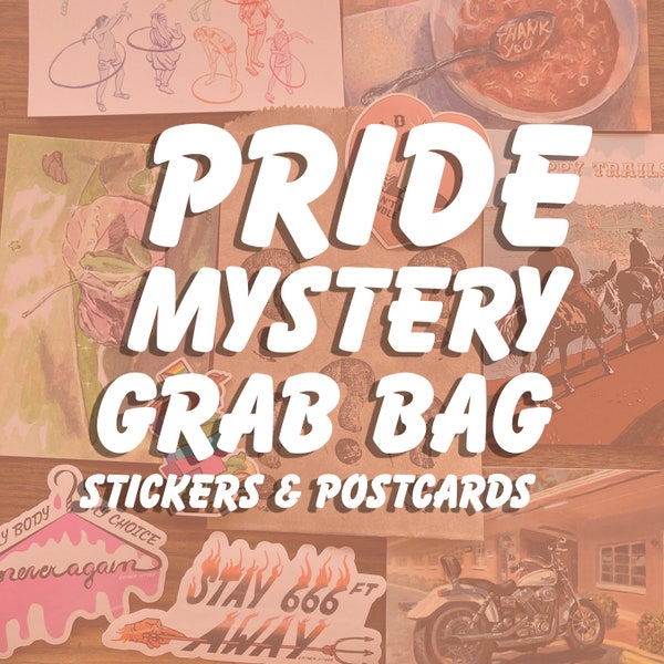 Pride Mystery Grab Bag with Postcards and Stickers, Queer Art Stocking Stuffer, LGBT Stickers Pro Choice Feminist