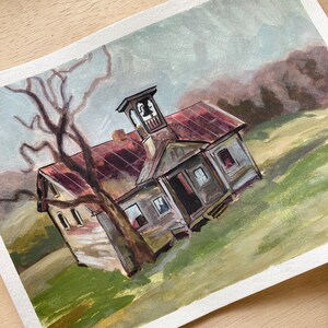 Schoolhouse in the Mountains Miniature Painting, Gouache Original Painting, Rocky Top Appalachian Wall Art