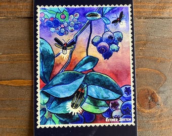 Blueberries and Fireflies 4x6 Postcard | Botanical Illustration Gift for Gardeners | Watercolor Mini Print | Kitchen Fruit Art Print