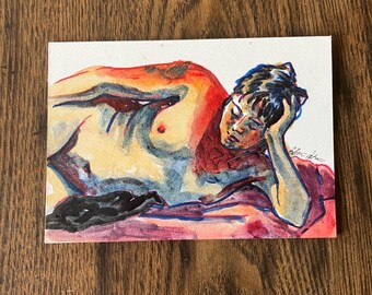 Sunburnt Daydreaming Nude, Watercolor Figure Painting, Miniature Art, Topless Woman Figurative Art Illustration