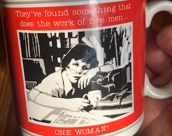 Vintage “they found something that does the work of five men.. one woman” funny feminist mug 1980s coffee cup office present