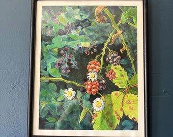 Wild Blackberry Original Watercolor and Ink Painting, Botanical Southern Garden Illustration Wall Art