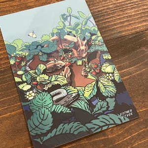 Der Erdbeerfleck 4x6 Postkarte | Botanische Illustration Geschenk für Sammler | Aquarell Mini Print | Obst Kunstdruck
