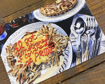 I Got Smothered and Covered at Pride Postcard, breakfast diner brunch watercolor painting, southern queer