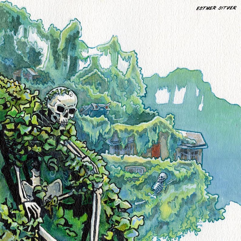 May include: A watercolor painting of a skeleton sitting in a lush green forest. The skeleton is wearing a crown of leaves and is surrounded by vines. The background is a blurry image of a house covered in vines.