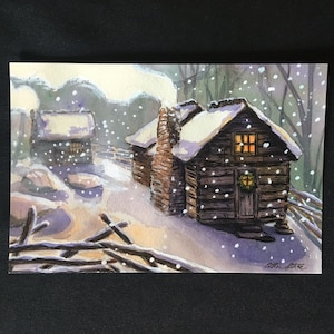 Winter Cabin Ansichtkaart- 4x6 Rokerige Bergprint Snowy Winter Blokhut - Tennessee Art- Kerstkaart- Vakantie