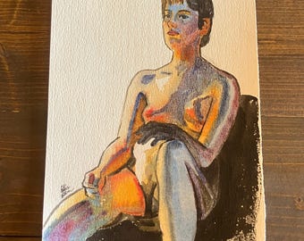 Glowing Seated Female Nude Figure Painting, Watercolor Painting Pinup Illustration, Figurative Art, Original Wall Art