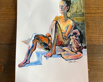 Seated Female Nude Figure Painting, Watercolor Painting Pinup Illustration, Figurative Art, Original Wall Art