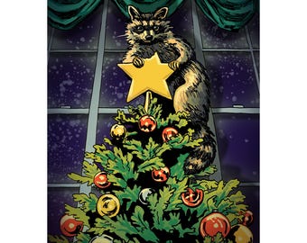 Raccoon Who Stole Christmas Postcard, feral gift, holiday art, funny Xmas cards, trash panda in Christmas tree