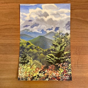 Cartolina 4x6 di Blue Ridge Parkway / Illustrazione dei parchi nazionali / Estetica degli Appalachi della Carolina del Nord / Stampa artistica del bosco del sud-est