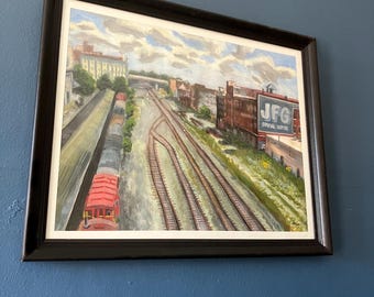 Railroad Tracks in Knoxville Original Gouache Painting, Plein Air Knoxville Tennessee Cityscape Landscape Painting, JFG Coffee